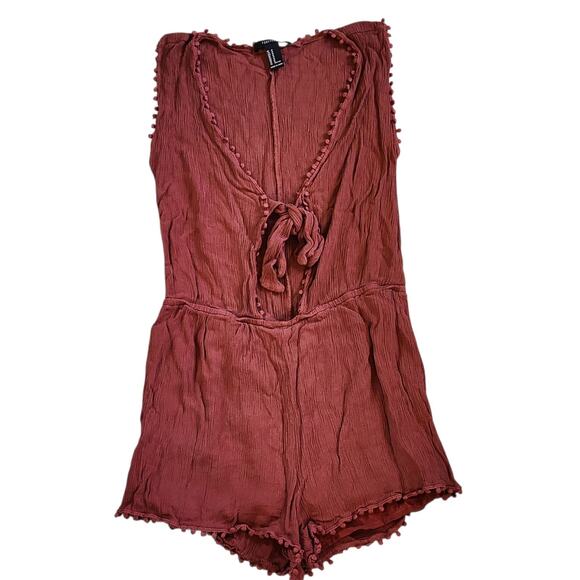 Forever 21 Womens Crinkle Romper Shorts Size M Burnt Orange Sleeveless Tie Front - Picture 3 of 11